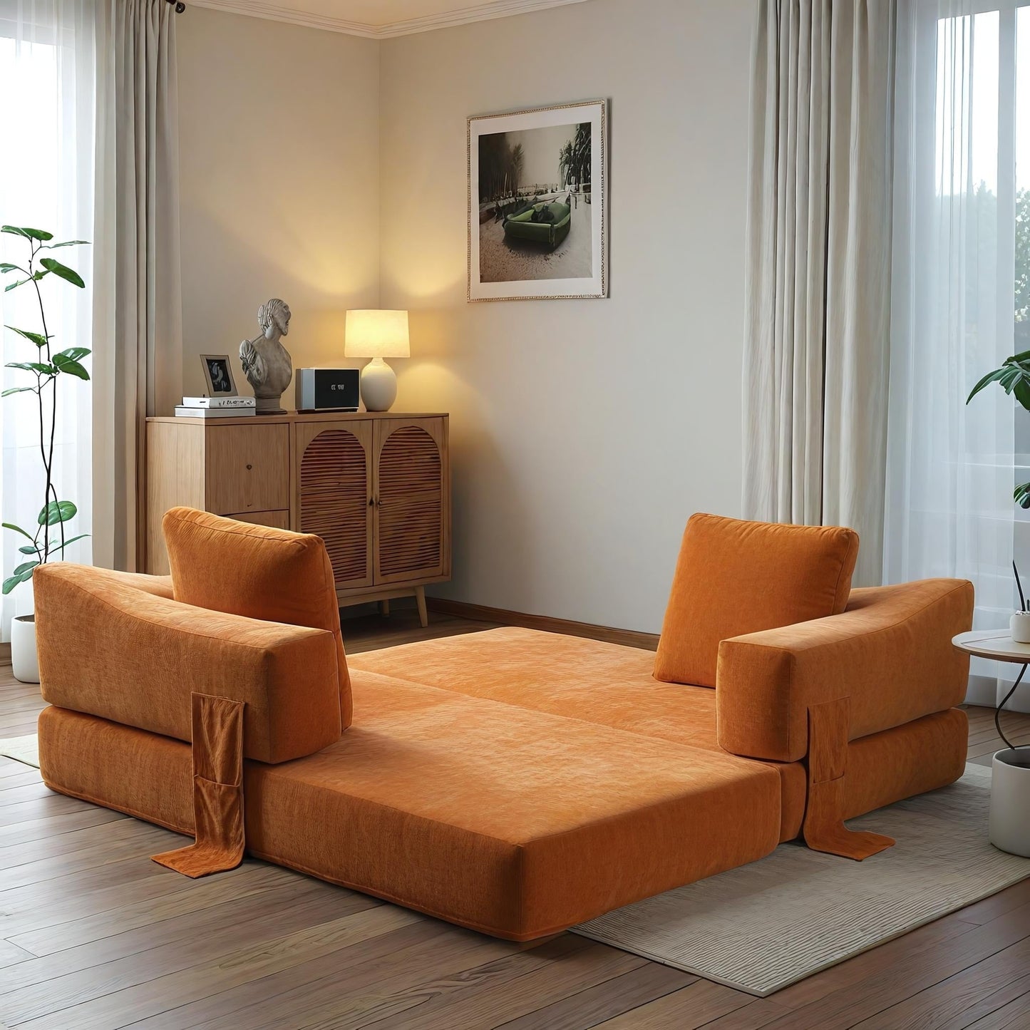 70.87 Upholstered Convertible Sleeper Sofa, Convertible Chair Floor Couch Comfy Sofa for Living Room, Bedroom, Chenille Fabric