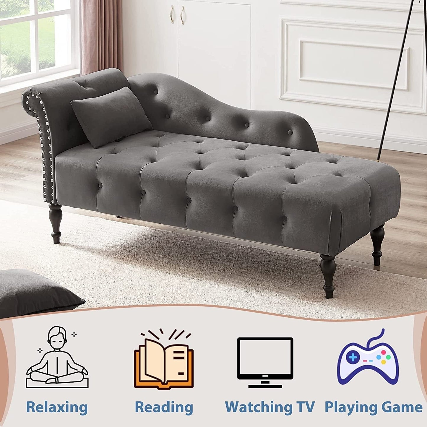 61 Velvet Chaise Lounge Chair with 1 Pillow and Nailhead Trimmed