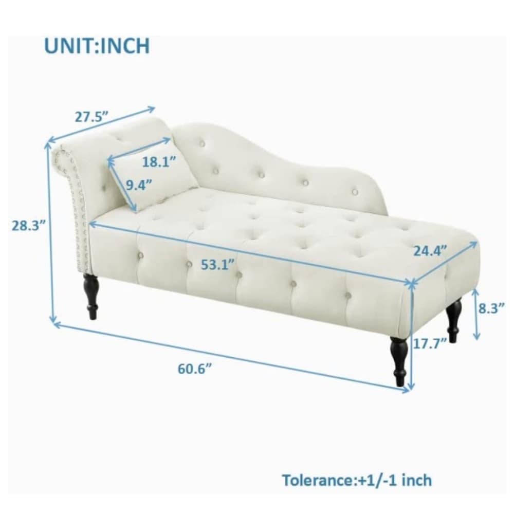 61 Velvet Chaise Lounge Chair with 1 Pillow and Nailhead Trimmed