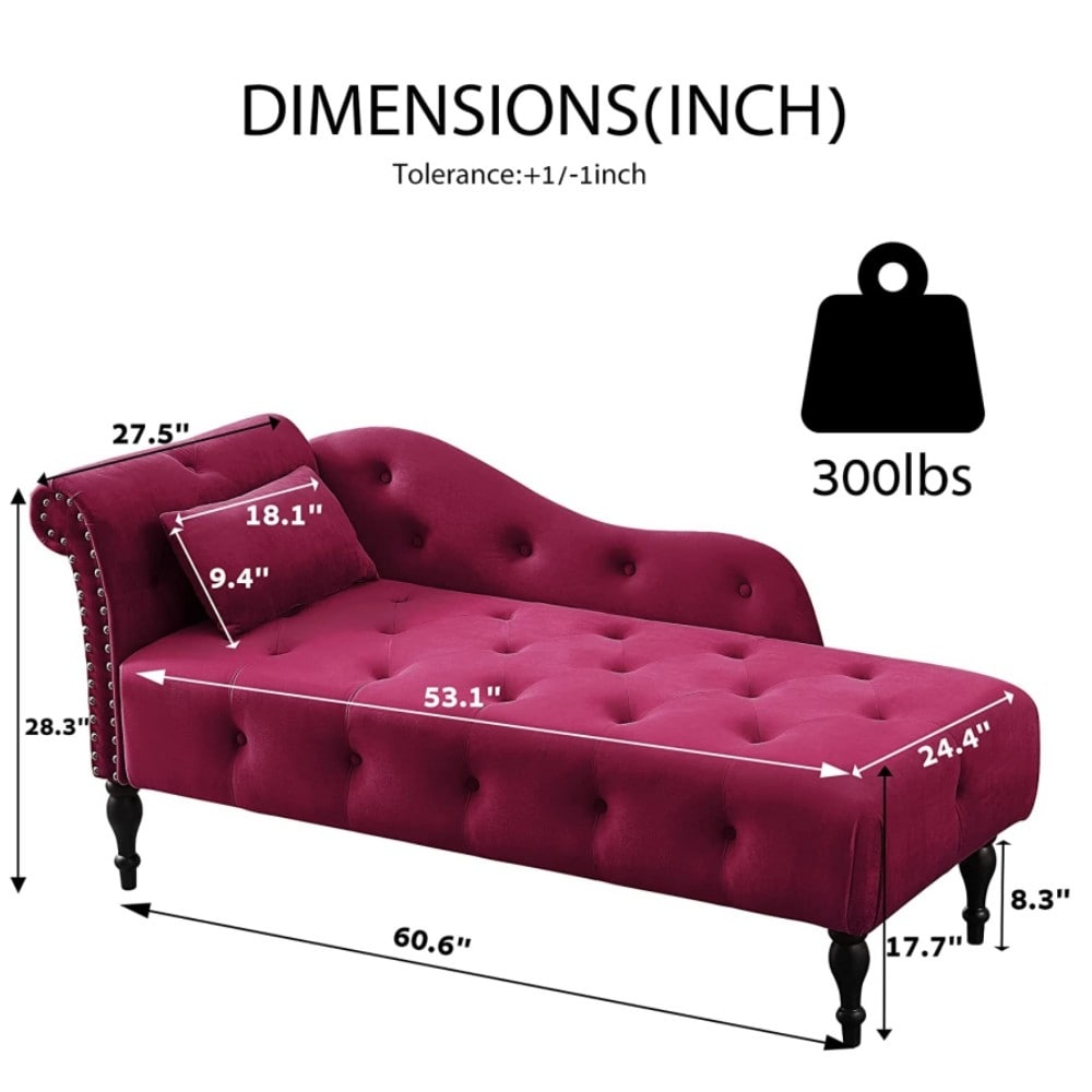 61 Velvet Chaise Lounge Chair with 1 Pillow and Nailhead Trimmed