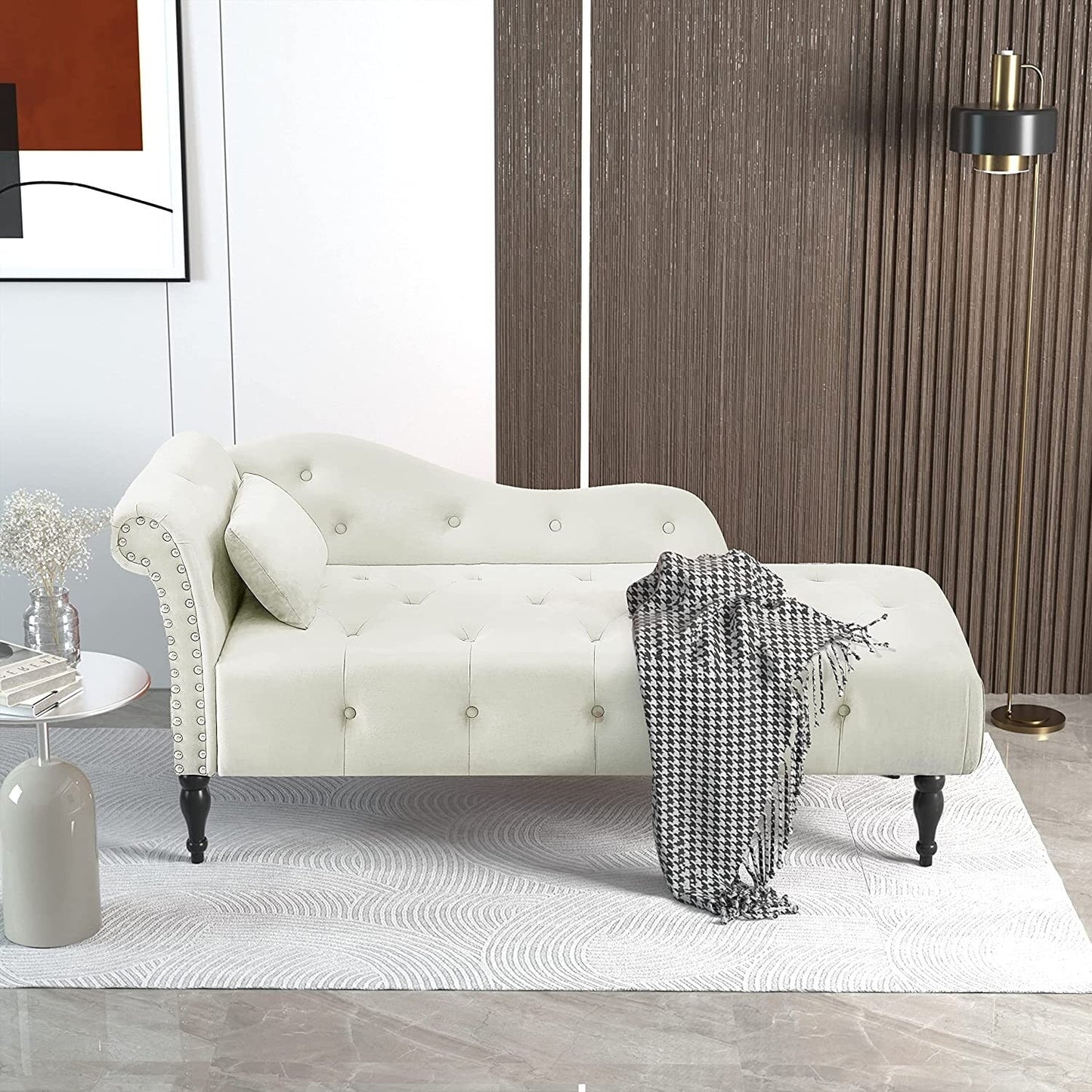 61 Velvet Chaise Lounge Chair with 1 Pillow and Nailhead Trimmed