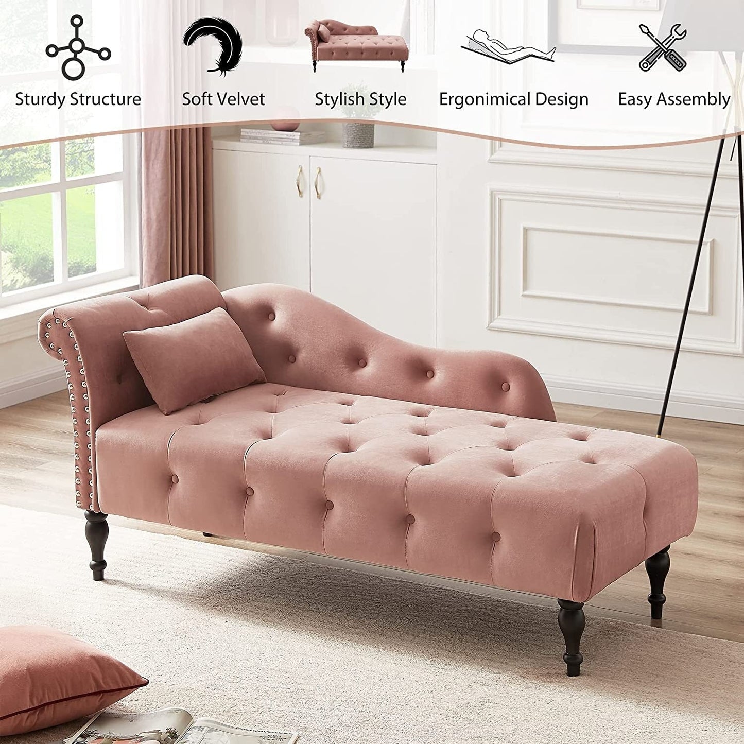 61 Velvet Chaise Lounge Chair with 1 Pillow and Nailhead Trimmed
