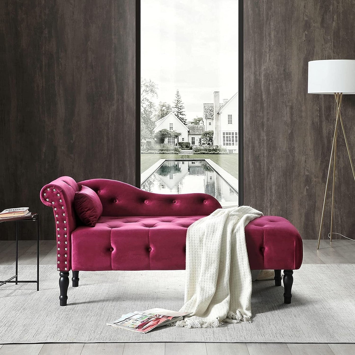 61 Velvet Chaise Lounge Chair with 1 Pillow and Nailhead Trimmed