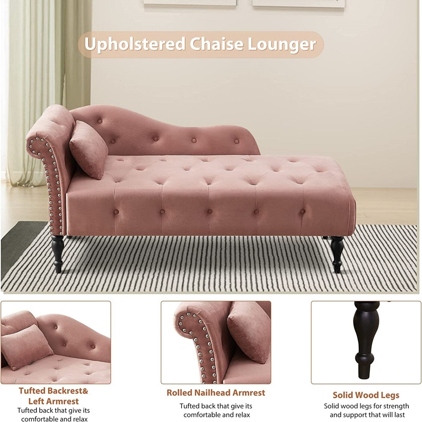 61 Velvet Chaise Lounge Chair with 1 Pillow and Nailhead Trimmed