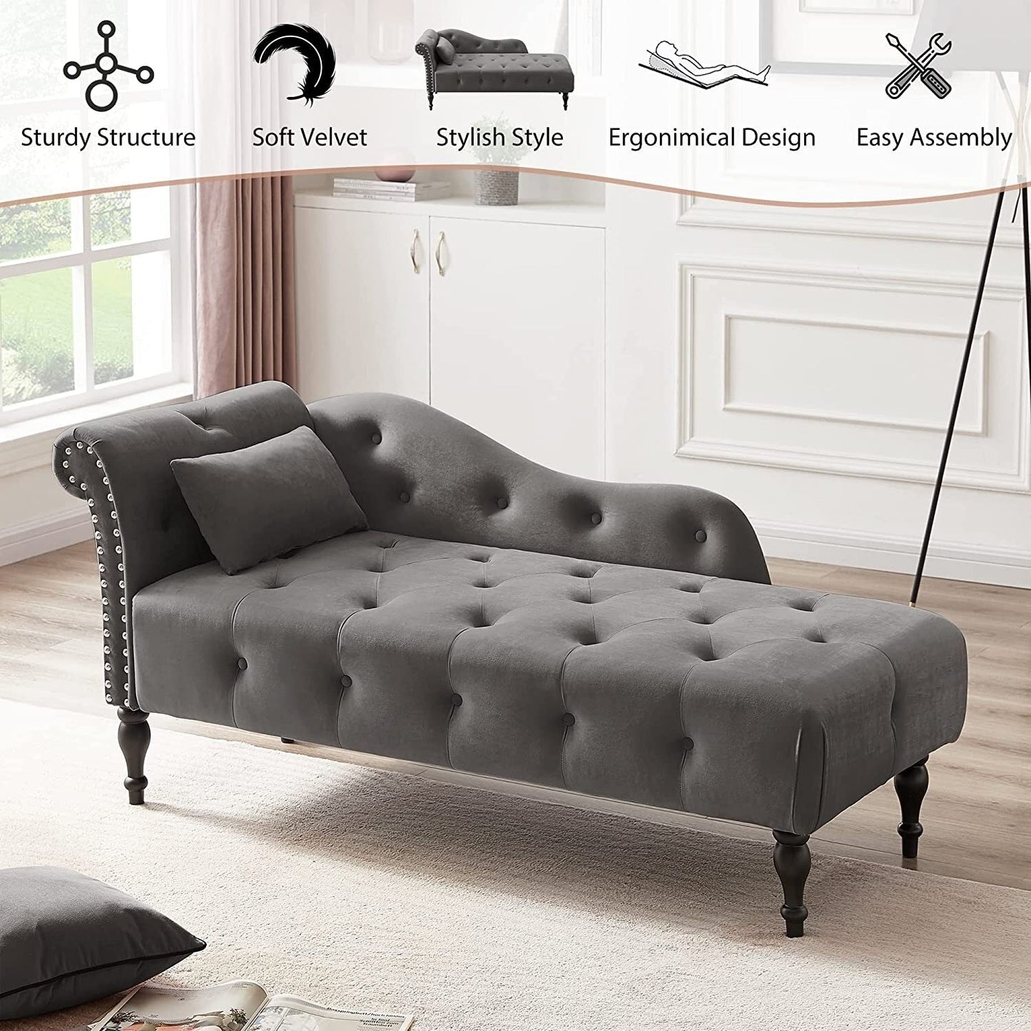 61 Velvet Chaise Lounge Chair with 1 Pillow and Nailhead Trimmed
