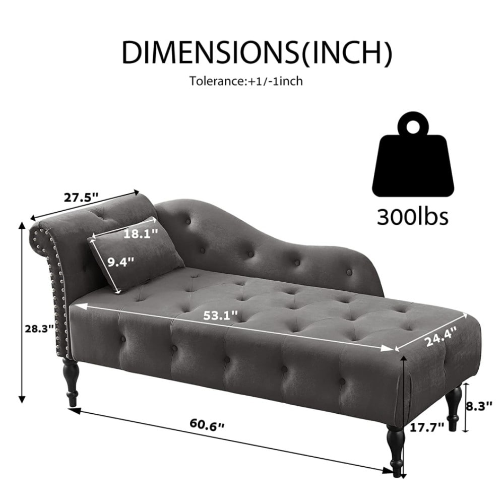 61 Velvet Chaise Lounge Chair with 1 Pillow and Nailhead Trimmed