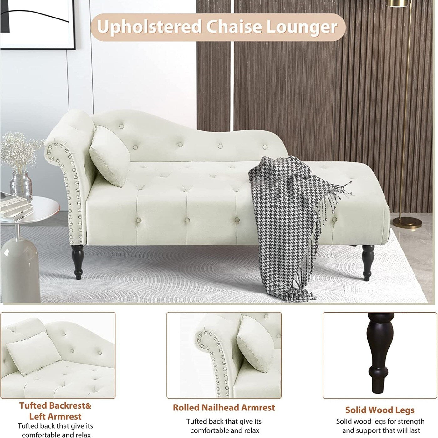 61 Velvet Chaise Lounge Chair with 1 Pillow and Nailhead Trimmed