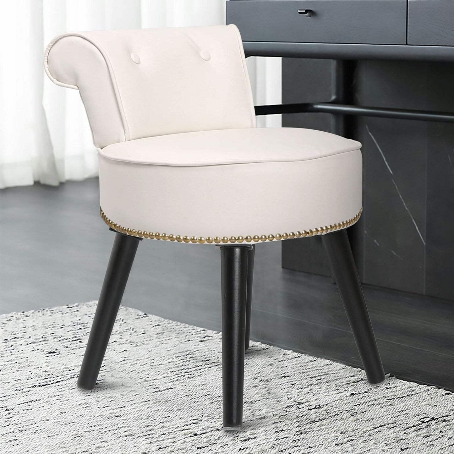 VEIKOUS Makeup Vanity Stool Chair with Low Back and Wood Legs-17.3 x 15.7 x 25.1