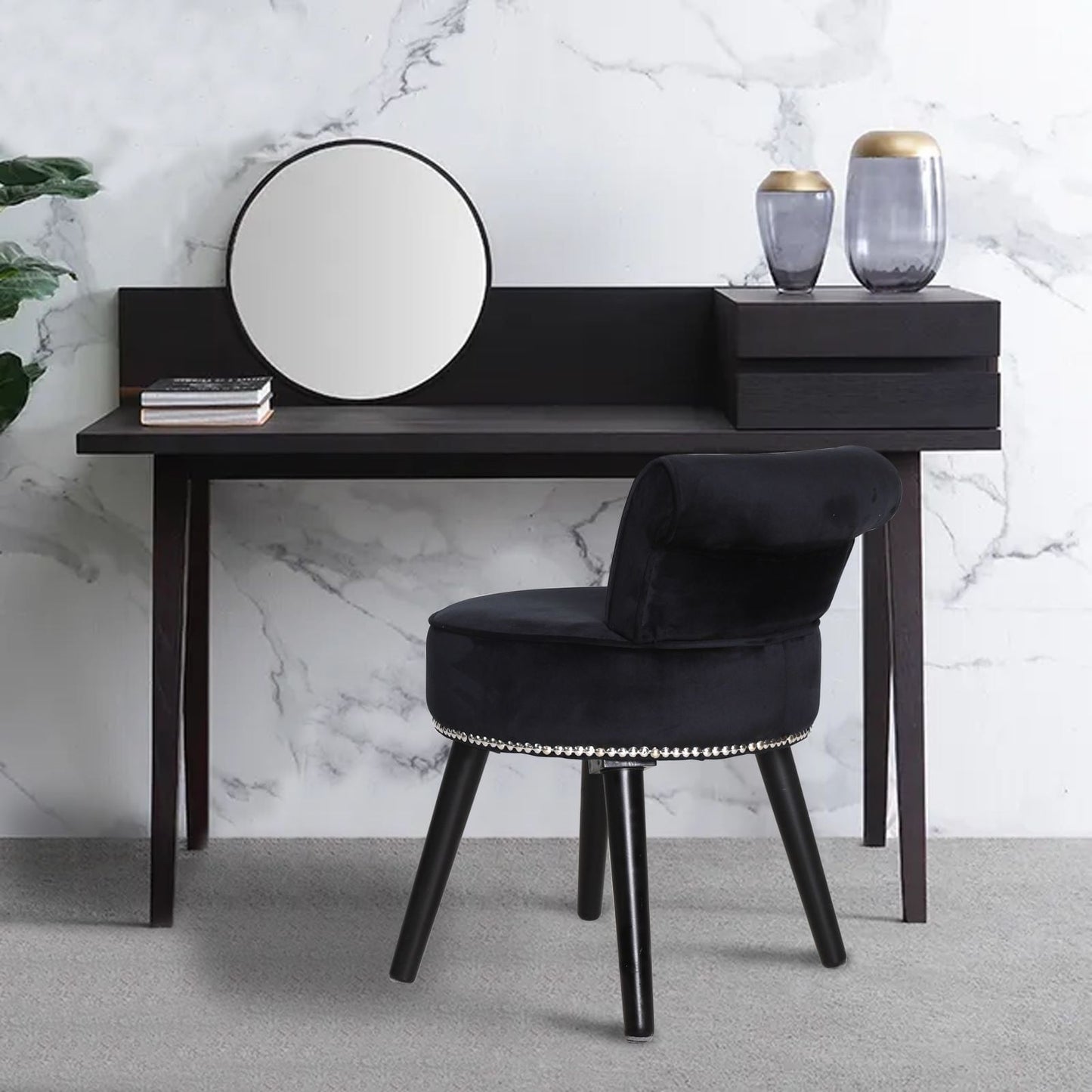 VEIKOUS Makeup Vanity Stool Chair with Low Back and Wood Legs-17.3 x 15.7 x 25.1
