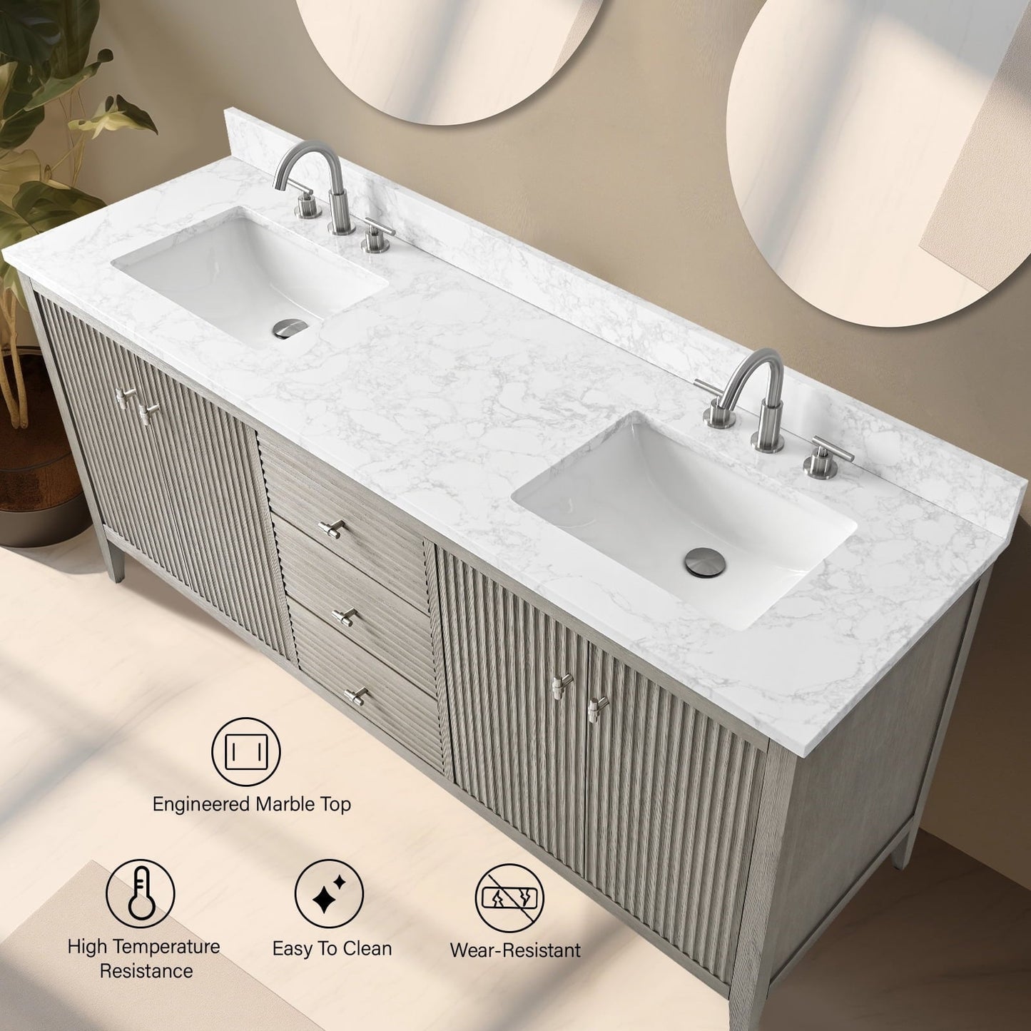 Vanity Art 72 Double Sink Bathroom Vanity Cabinet with Engineered Marble Top