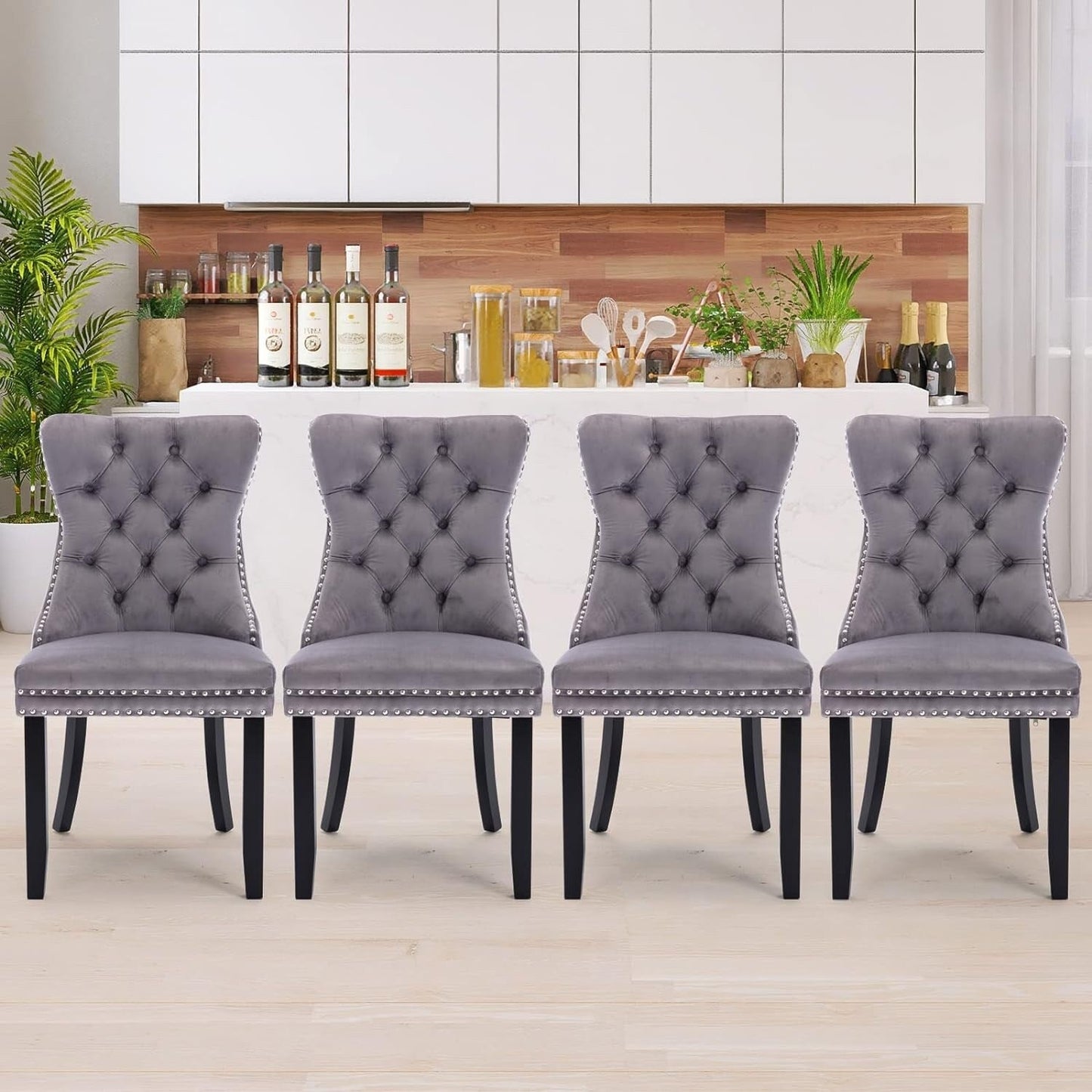 Velvet Dining Chairs Set of 2, Tufted Dining Chairs with Nailhead Back and Ring Pull Trim - 25.5×19.7×37.4inch