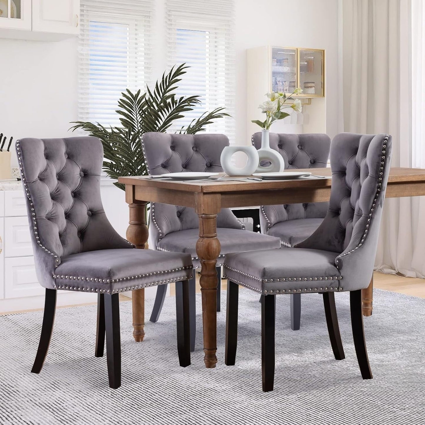 Velvet Dining Chairs Set of 2, Tufted Dining Chairs with Nailhead Back and Ring Pull Trim - 25.5×19.7×37.4inch