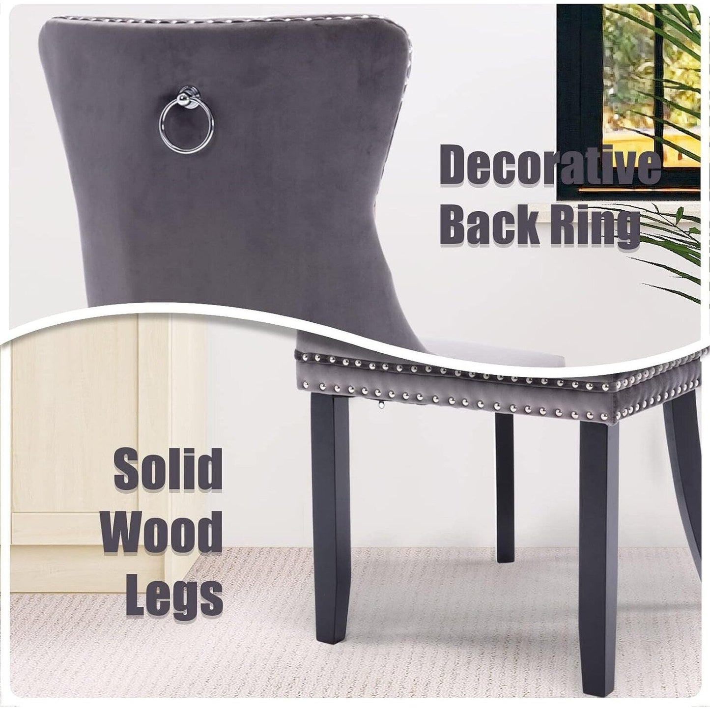Velvet Dining Chairs Set of 2, Tufted Dining Chairs with Nailhead Back and Ring Pull Trim - 25.5×19.7×37.4inch