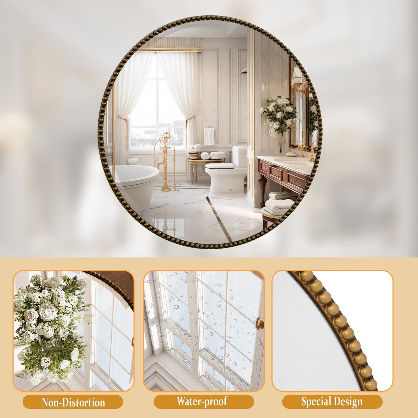Vintage Round Bathroom Mirror with Beaded Frame