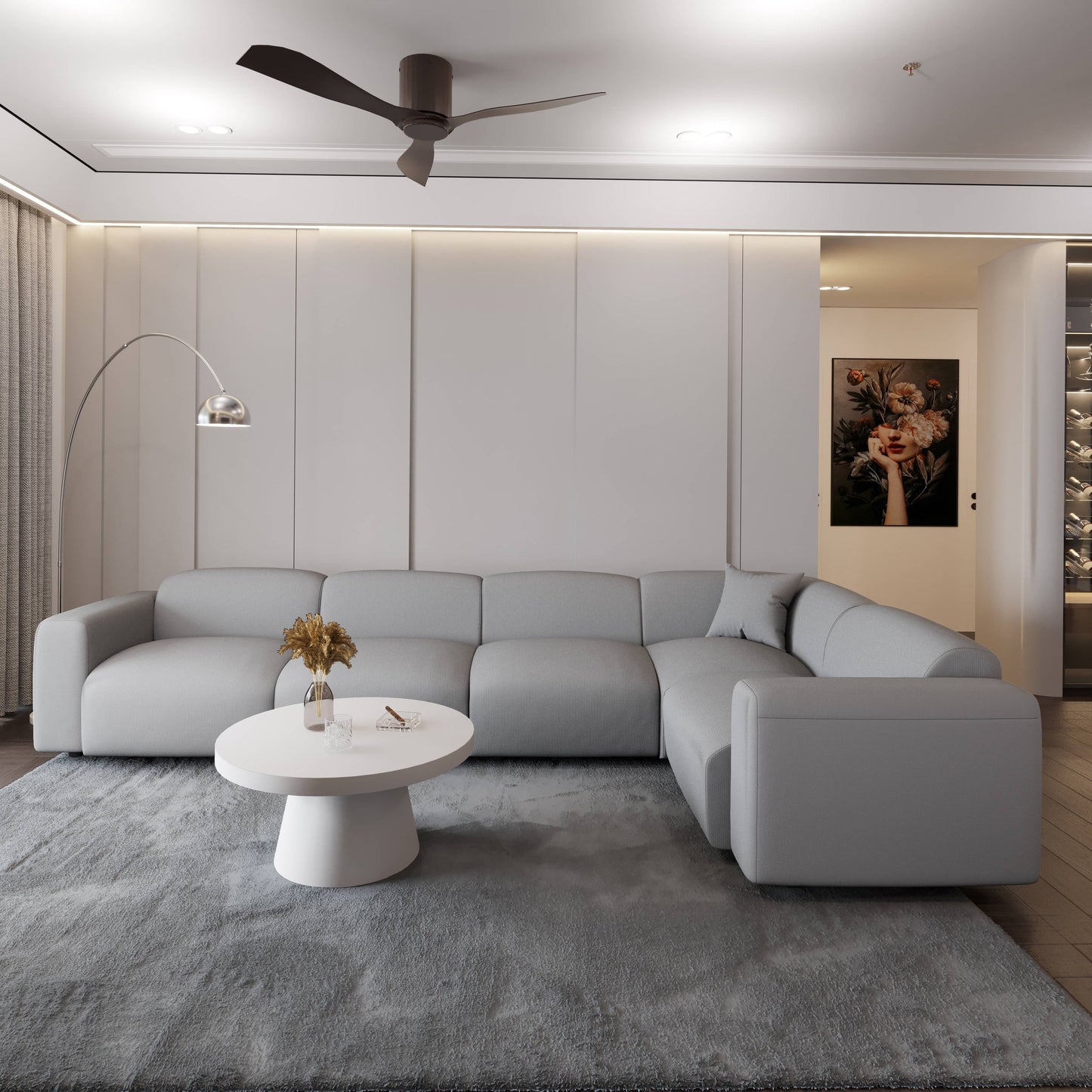 Whisper Upholstered Conversation Set with Modular Chairs, Attachable Arms and Ottoman Living Room Sectional Set