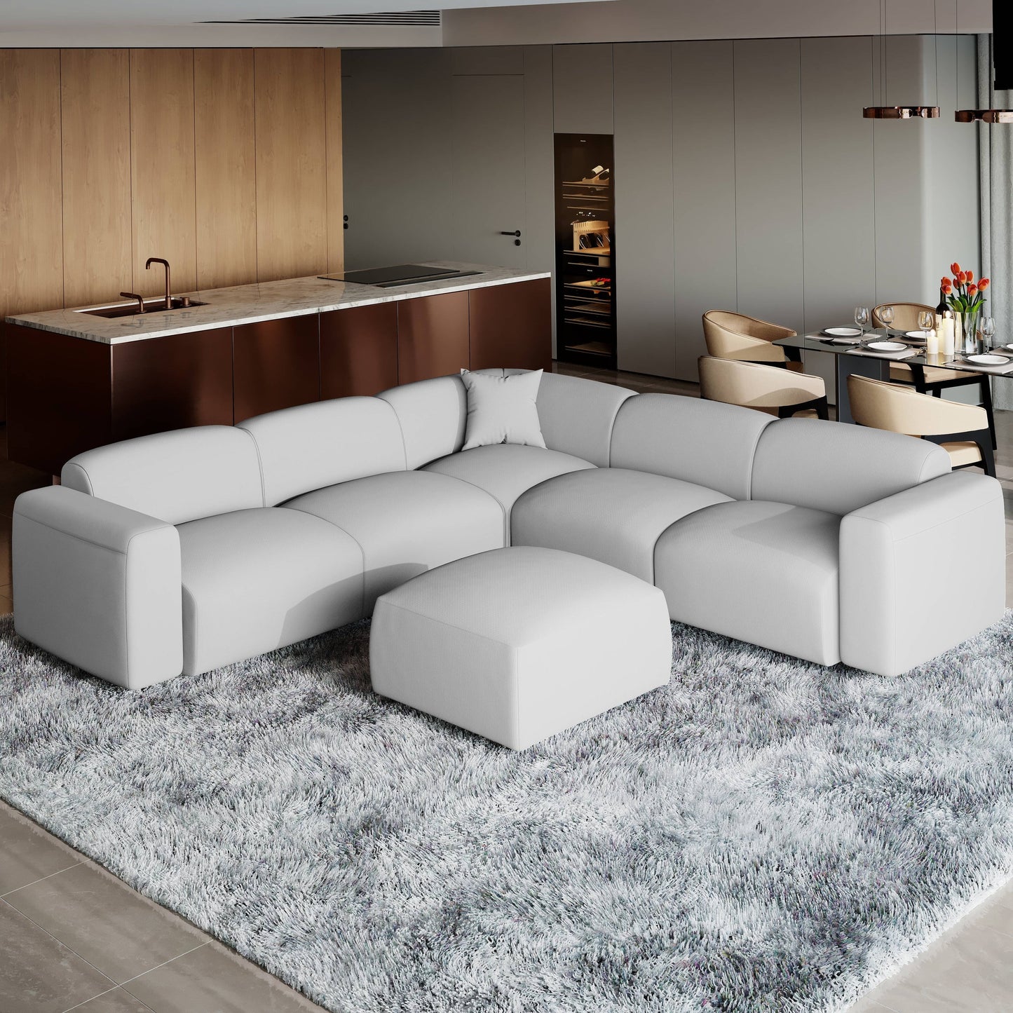Whisper Upholstered Conversation Set with Modular Chairs, Attachable Arms and Ottoman Living Room Sectional Set
