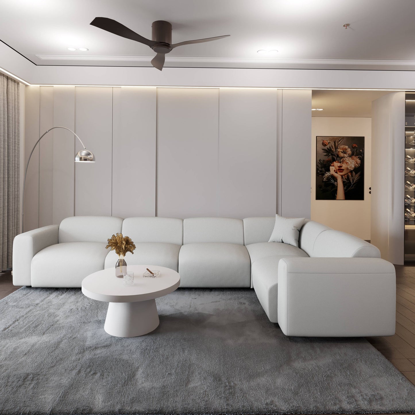 Whisper Upholstered Conversation Set with Modular Chairs, Attachable Arms and Ottoman Living Room Sectional Set