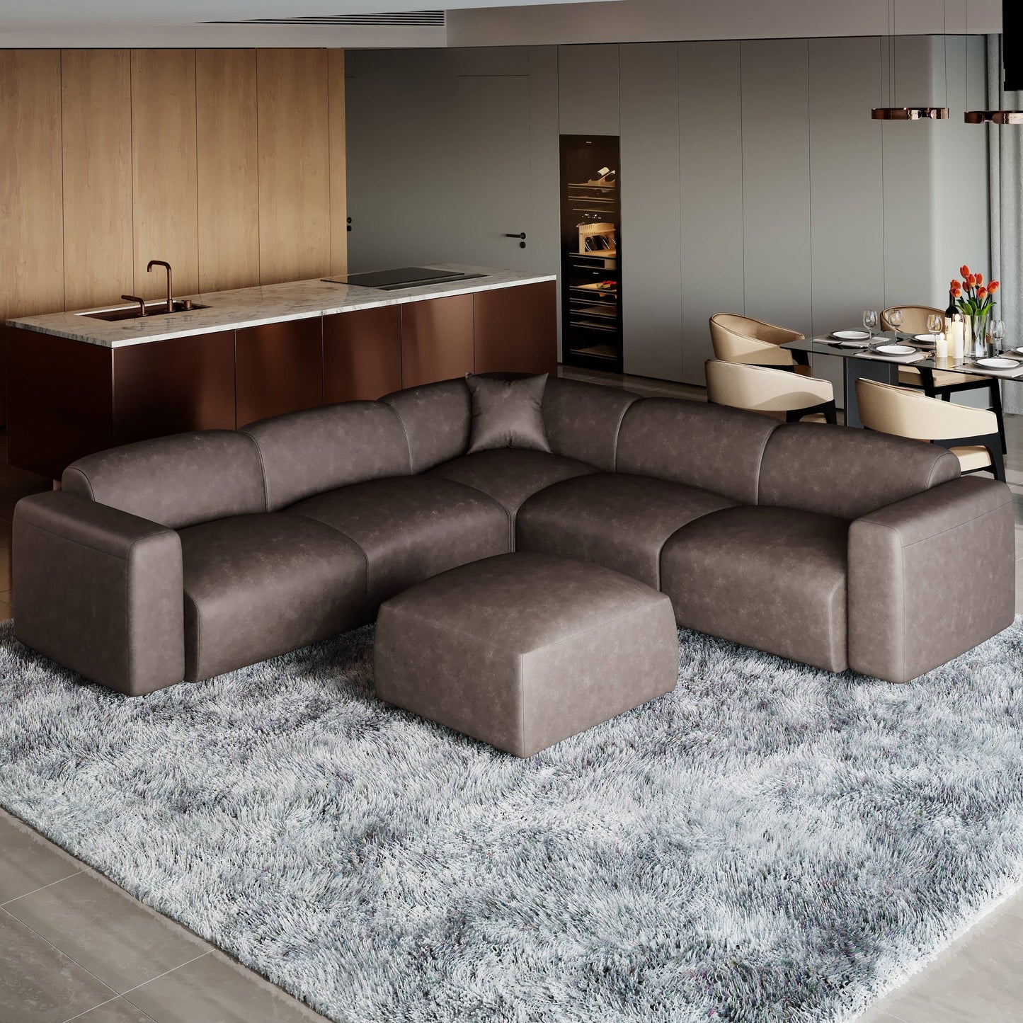 Whisper Upholstered Conversation Set with Modular Chairs, Attachable Arms and Ottoman Living Room Sectional Set