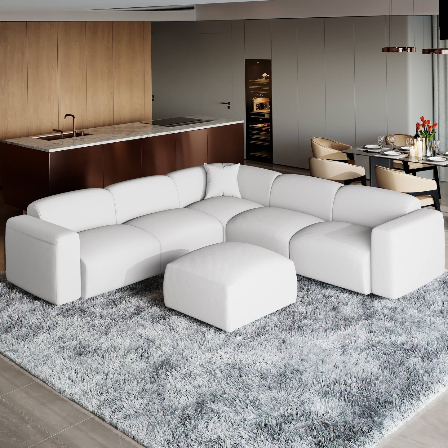 Whisper Upholstered Conversation Set with Modular Chairs, Attachable Arms and Ottoman Living Room Sectional Set