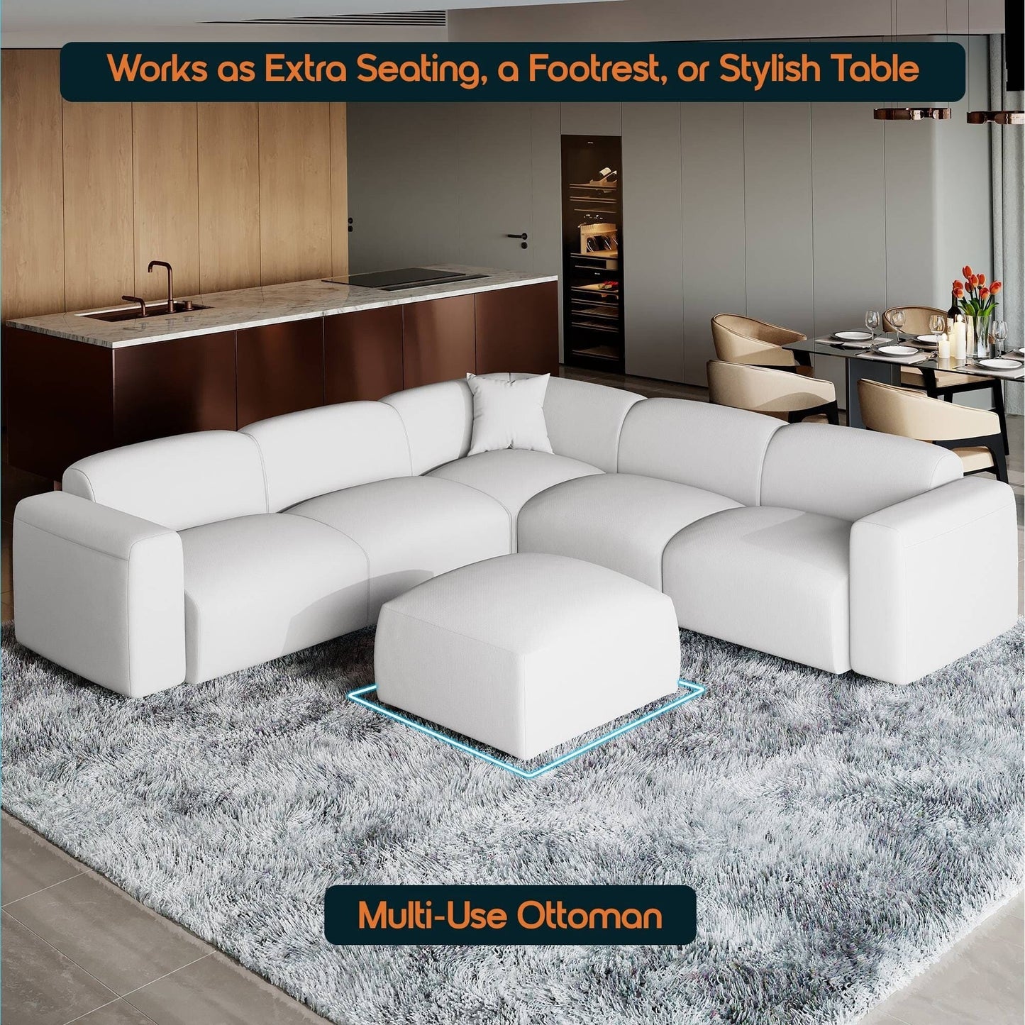 Whisper Upholstered Conversation Set with Modular Chairs, Attachable Arms and Ottoman Living Room Sectional Set