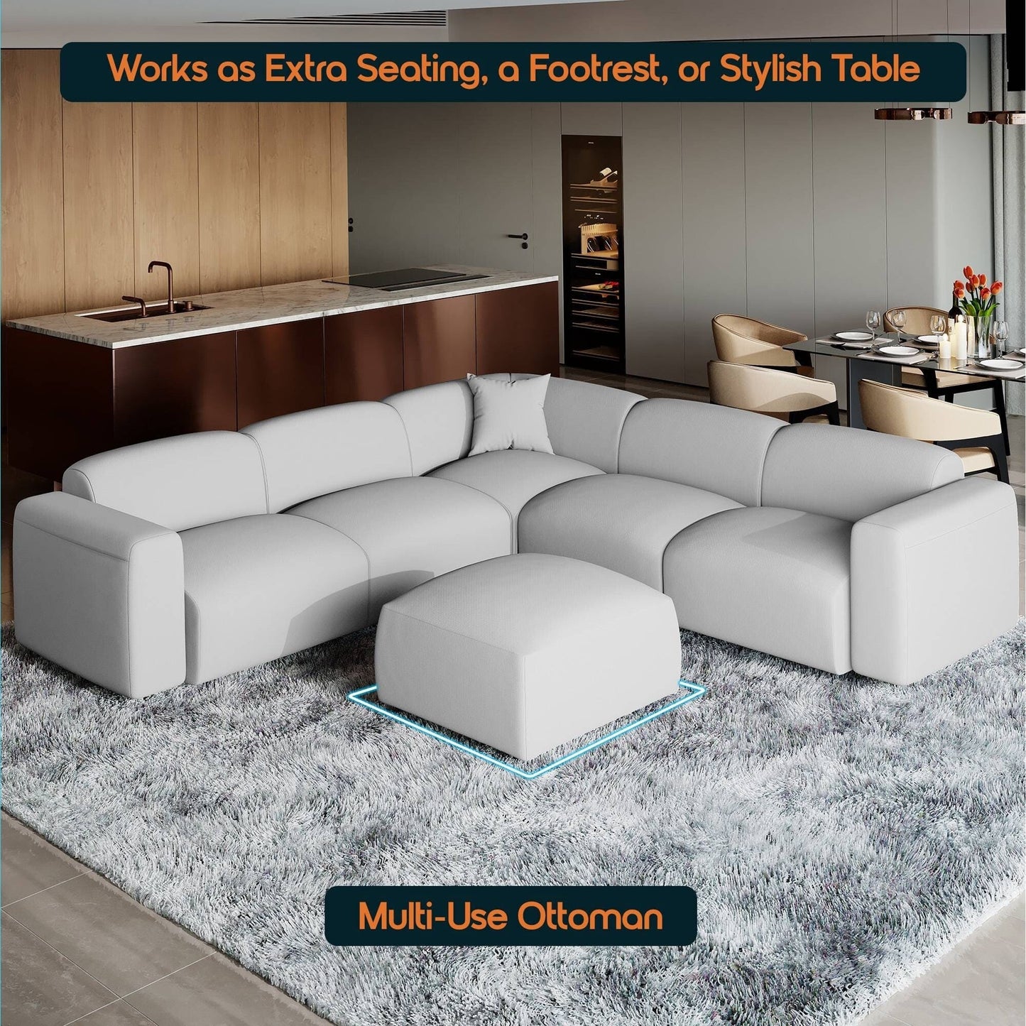 Whisper Upholstered Conversation Set with Modular Chairs, Attachable Arms and Ottoman Living Room Sectional Set