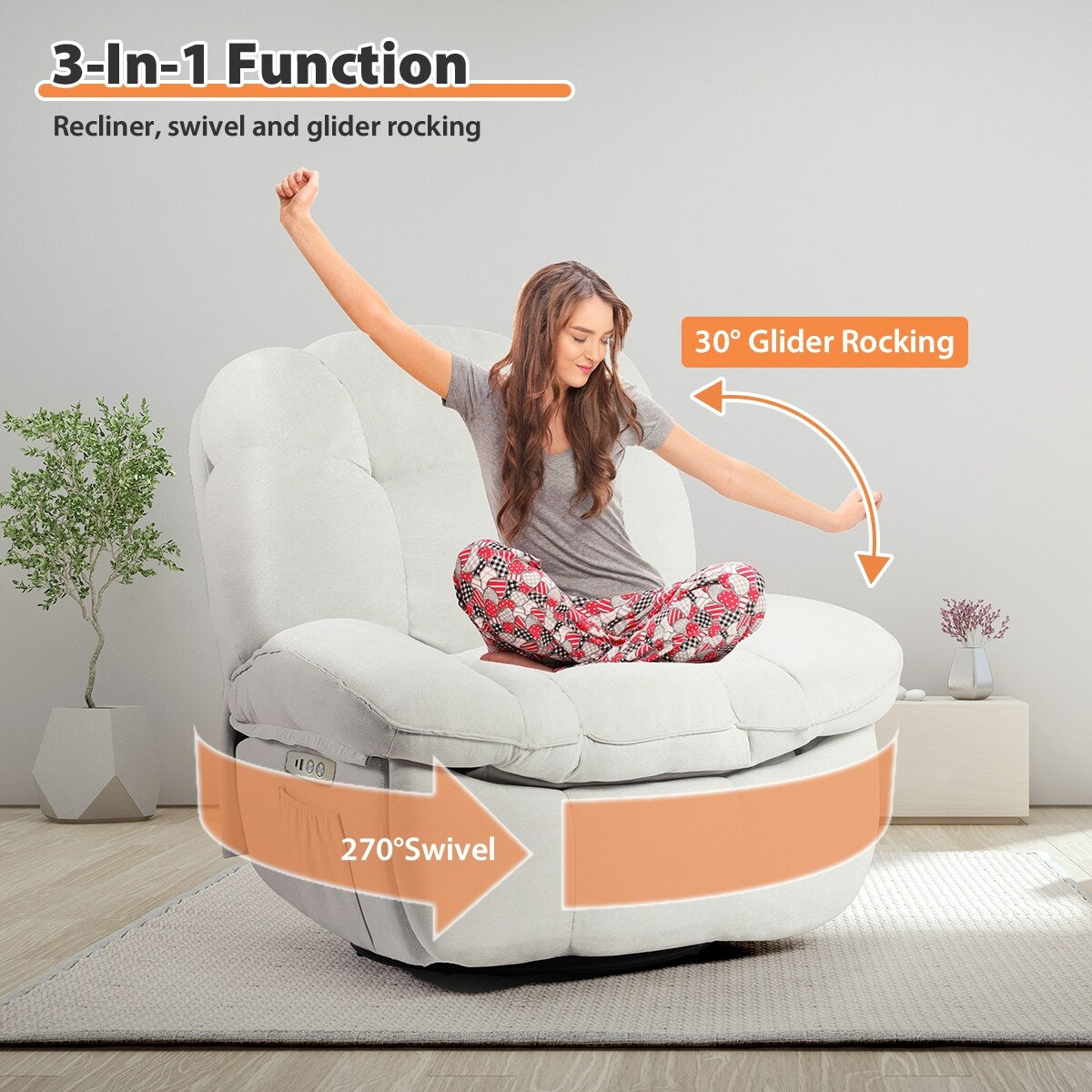 XINMICS Power Recliner Chair, Massage Chair Recliner with Heated, Modern Swivel Rocking Recliner Chairs for Adults with USB