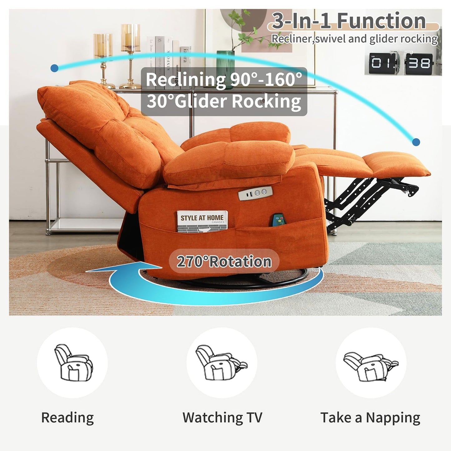 XINMICS Swivel Recliner Chair, Glider Rocking Power Recliner with Massage and Heated