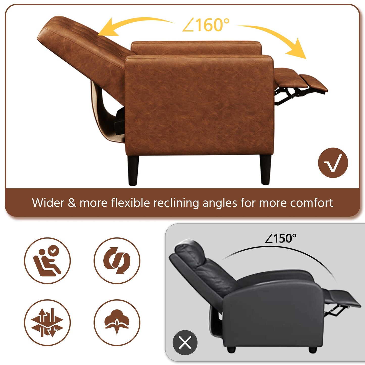 Yaheetech Modern Faux Leather Recliner Adjustable Back Footrest Tufted Upholstered Sofa
