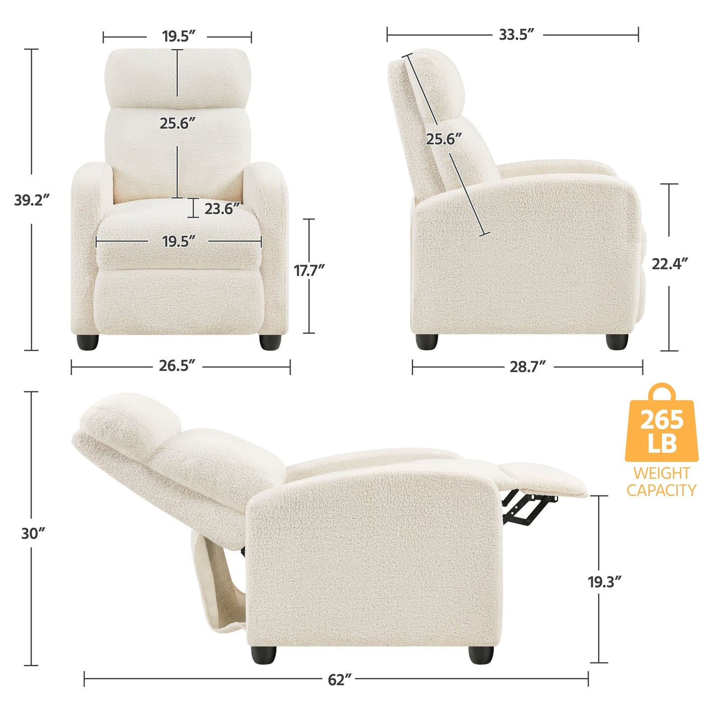 Yaheetech Upholstered Boucle Recliner Sofa Adjustable Reclining Chair, Ivory