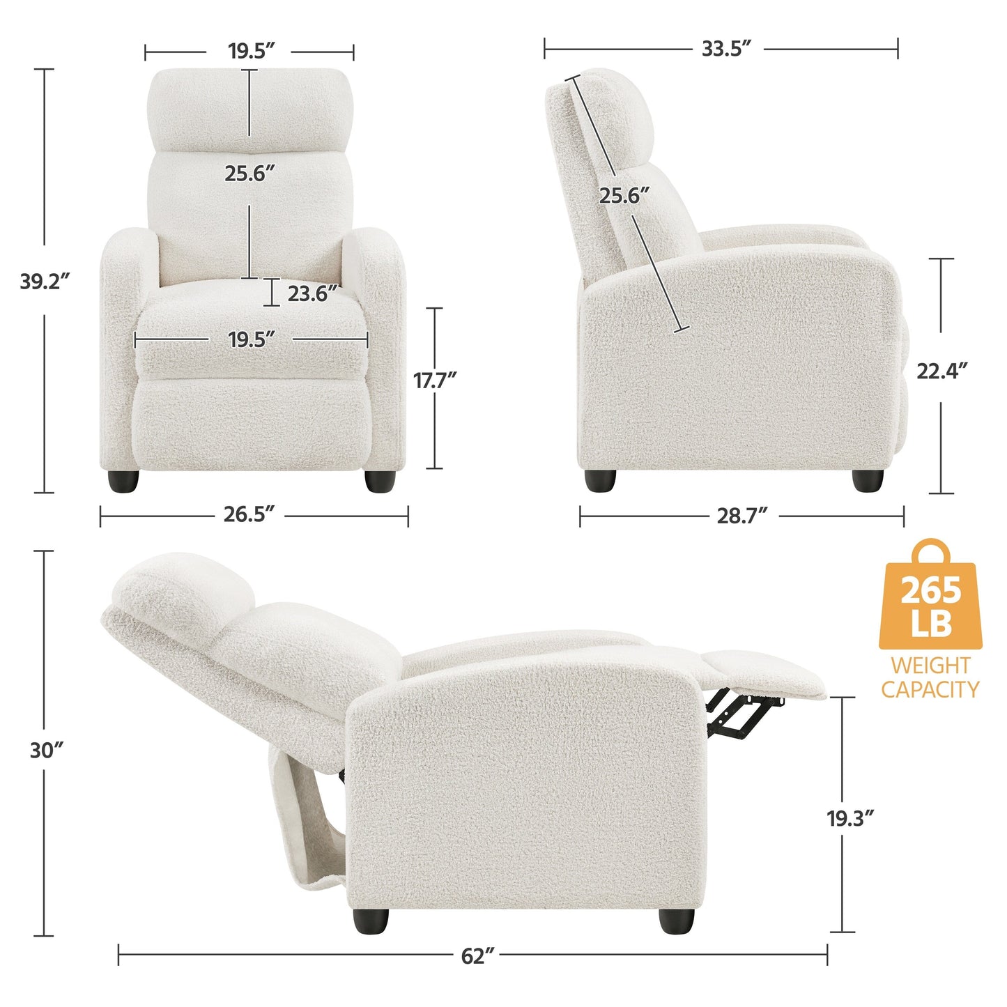 Yaheetech Upholstered Boucle Recliner Sofa Adjustable Reclining Chair, Ivory