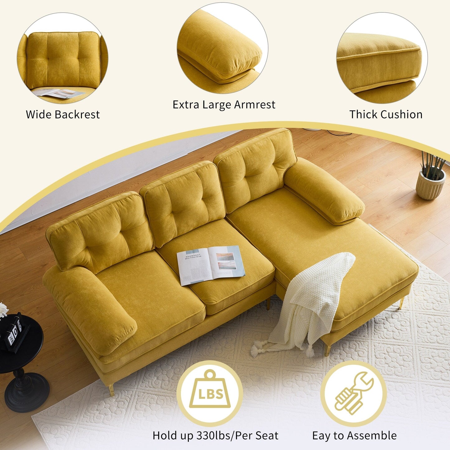 Yellow 83'' Velvet L-Shaped 3-Seater Sectional Sofa with Loose Backrests and Metal Legs
