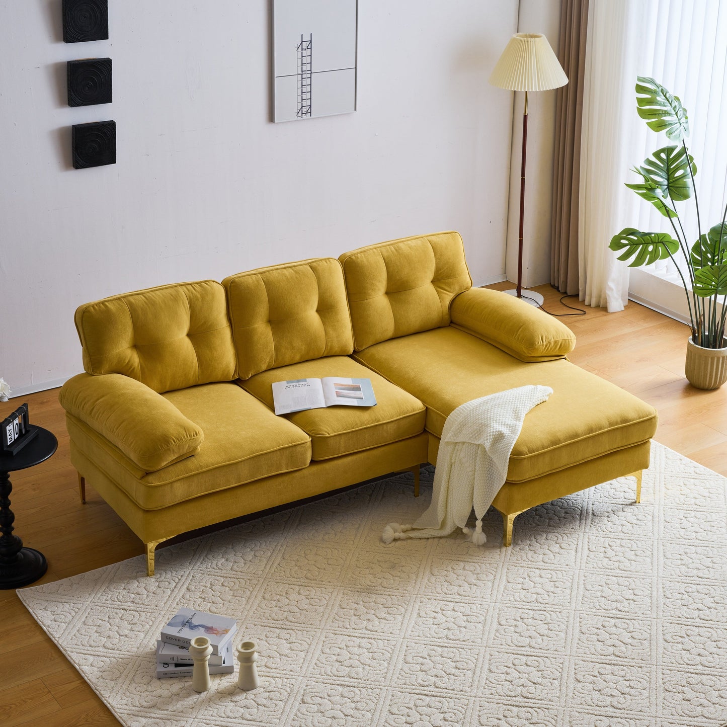 Yellow 83'' Velvet L-Shaped 3-Seater Sectional Sofa with Loose Backrests and Metal Legs
