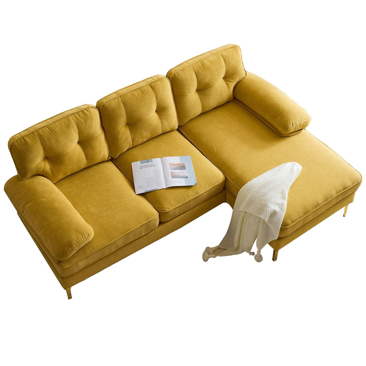 Yellow 83'' Velvet L-Shaped 3-Seater Sectional Sofa with Loose Backrests and Metal Legs