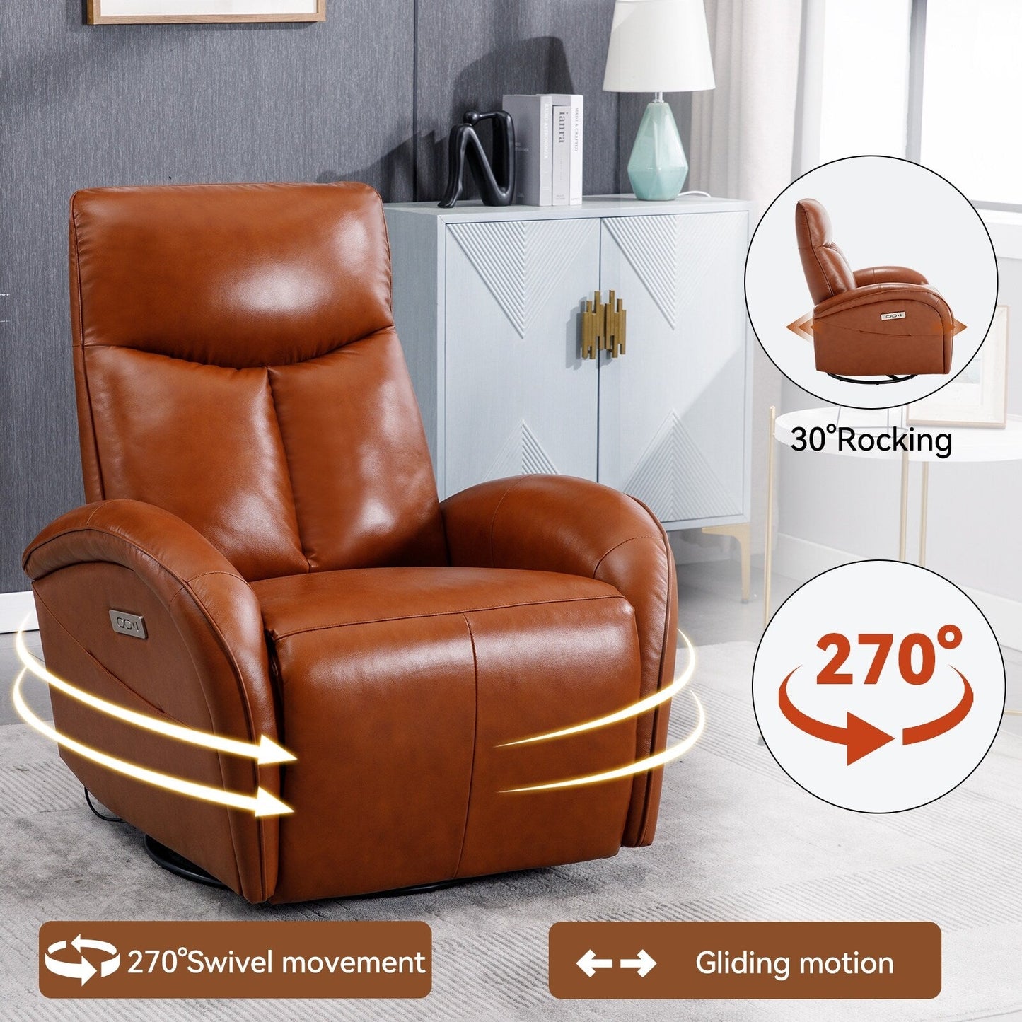 Yellow Brown Genuine Leather 270° Swivel Glider Rocker Power Recliner with 2 Side Pockets, USB & Type-C Ports