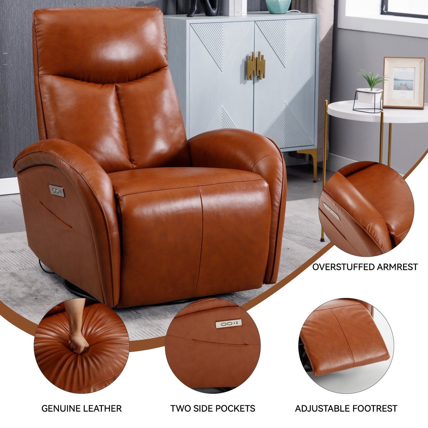 Yellow Brown Genuine Leather 270° Swivel Glider Rocker Power Recliner with 2 Side Pockets, USB & Type-C Ports
