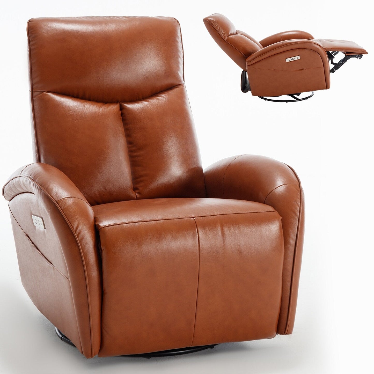 Yellow Brown Genuine Leather 270° Swivel Glider Rocker Power Recliner with 2 Side Pockets, USB & Type-C Ports