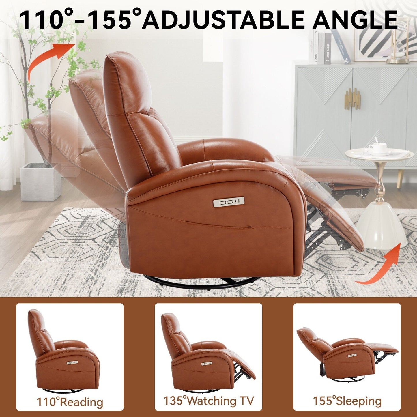 Yellow Brown Genuine Leather 270° Swivel Glider Rocker Power Recliner with 2 Side Pockets, USB & Type-C Ports