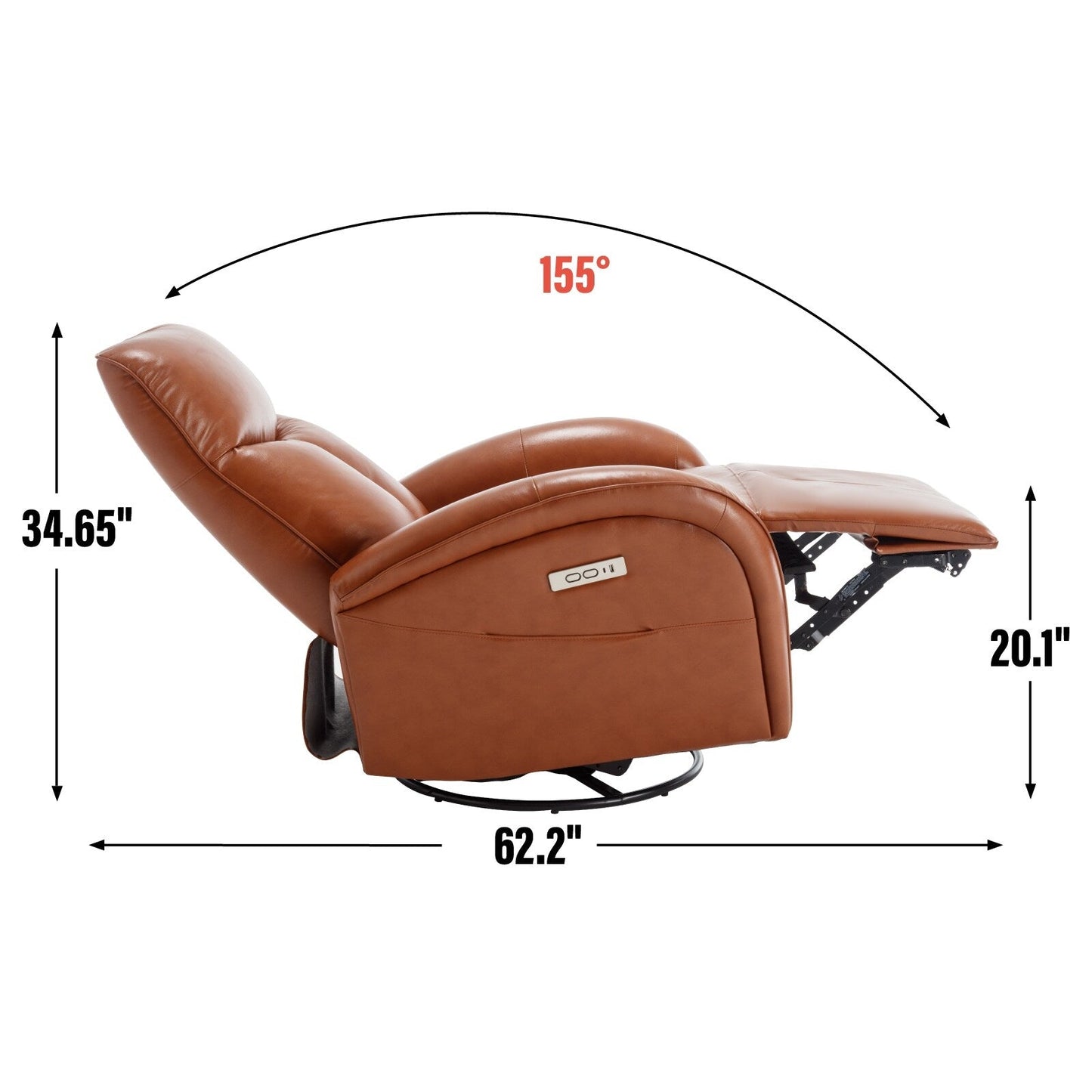 Yellow Brown Genuine Leather 270° Swivel Glider Rocker Power Recliner with 2 Side Pockets, USB & Type-C Ports
