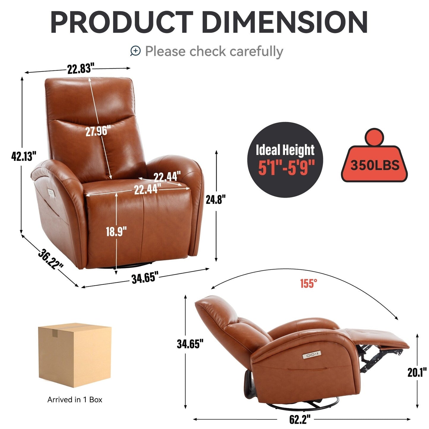 Yellow Brown Genuine Leather 270° Swivel Glider Rocker Power Recliner with 2 Side Pockets, USB & Type-C Ports