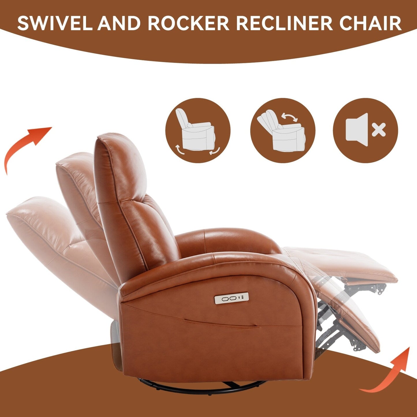 Yellow Brown Genuine Leather 270° Swivel Glider Rocker Power Recliner with 2 Side Pockets, USB & Type-C Ports