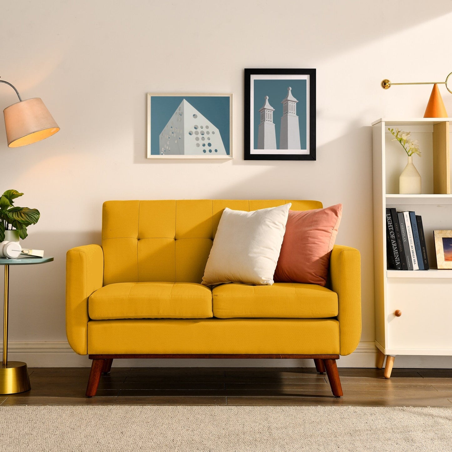 Yellow Mid Century Modern 53 Foam Button Tufted Upholstered Loveseat Sofa with solid iron legs for Living Room