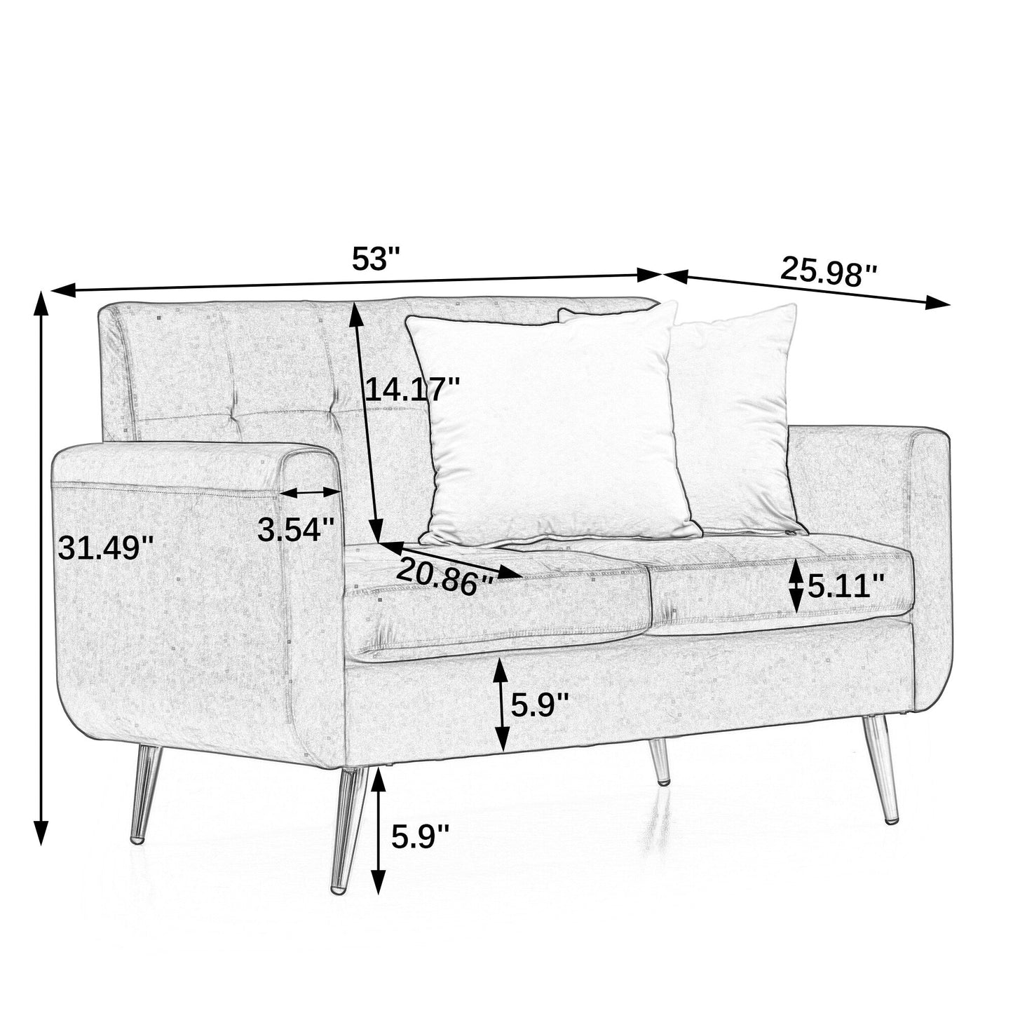 Yellow Mid Century Modern 53 Foam Button Tufted Upholstered Loveseat Sofa with solid iron legs for Living Room