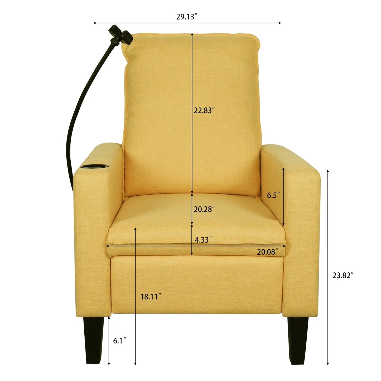 Yellow Modern Fabric Manual Adjustable Recliner Chair with Mobile Phone Holder, Cup Holder, and Footrest