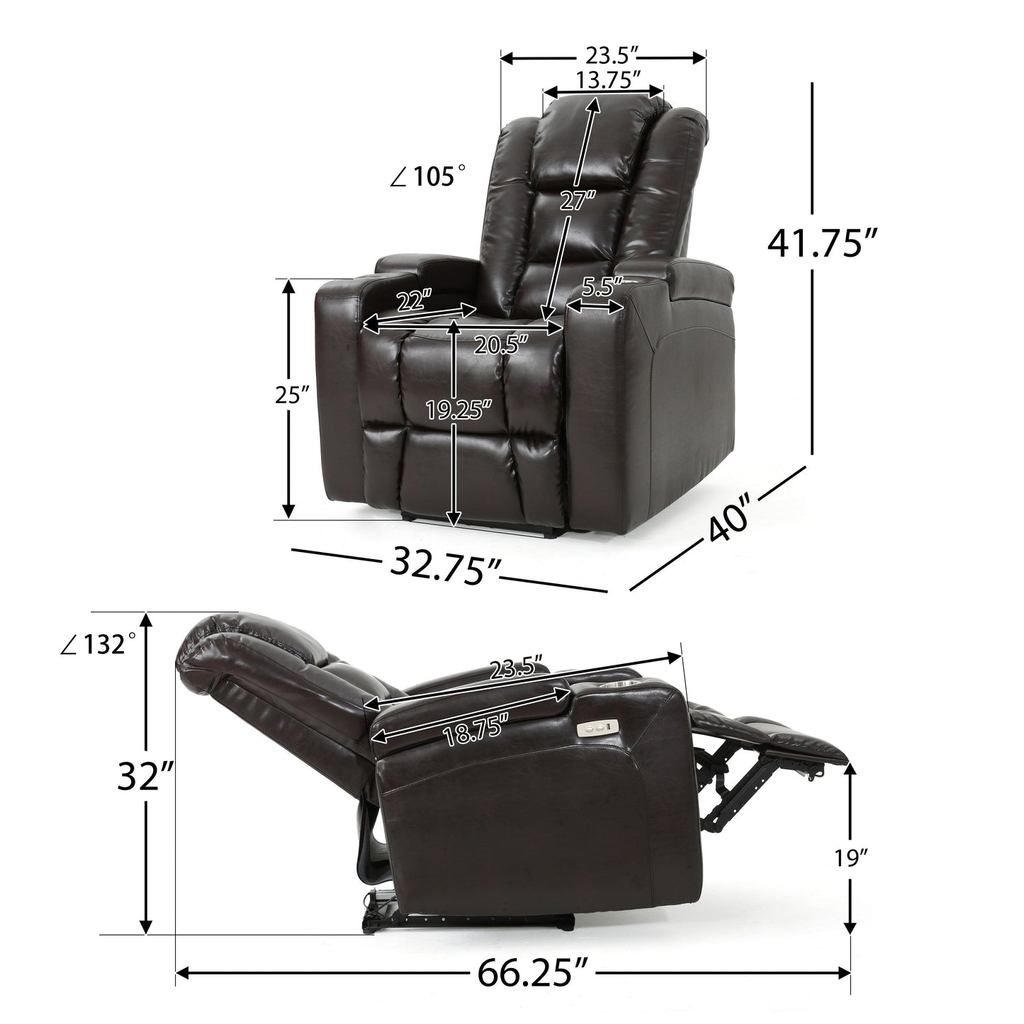 Yoma Power Recliner Chair, 2 Cupholders, Storage, USB, Brown Faux Leather