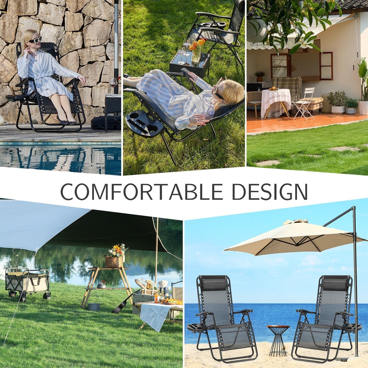 Zero Gravity Lounge Chair Outdoor Patio Folding Recliners with Headrest, Cup Holder and Removable Tray