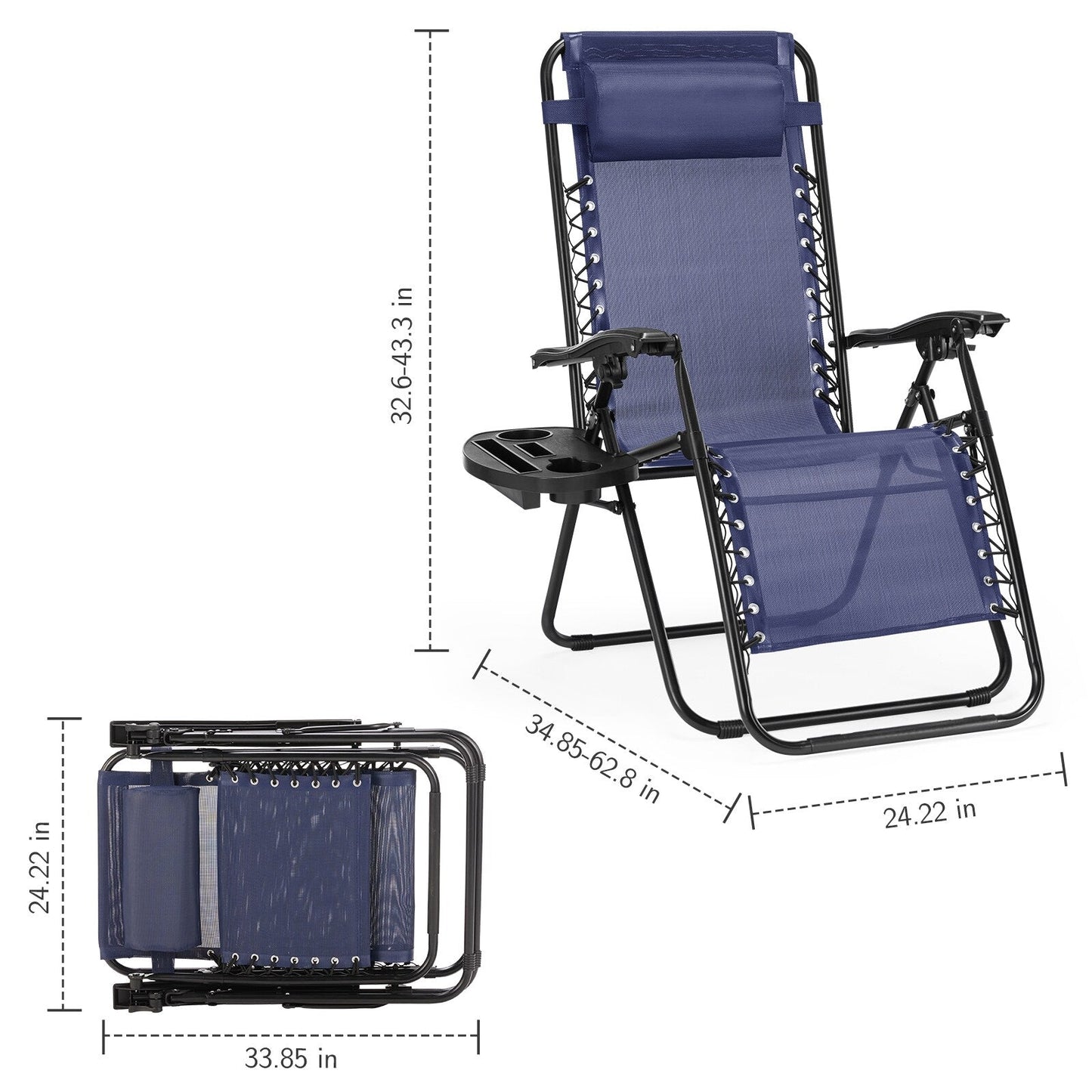 Zero Gravity Lounge Chair Outdoor Patio Folding Recliners with Headrest, Cup Holder and Removable Tray