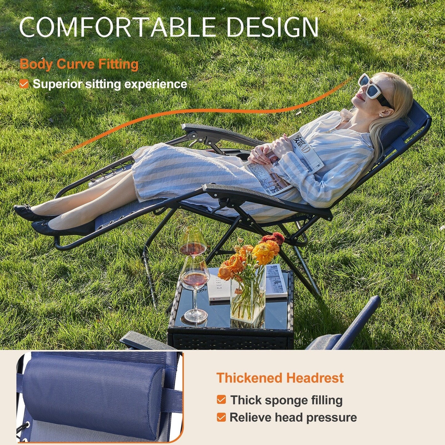 Zero Gravity Lounge Chair Outdoor Patio Folding Recliners with Headrest, Cup Holder and Removable Tray