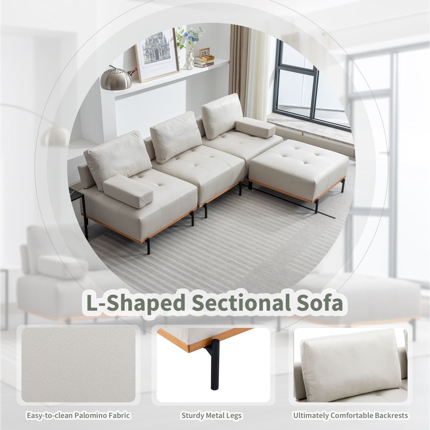 100.7'' Fabric L-Shaped Sofa with Movable Ottoman and Metal Legs
