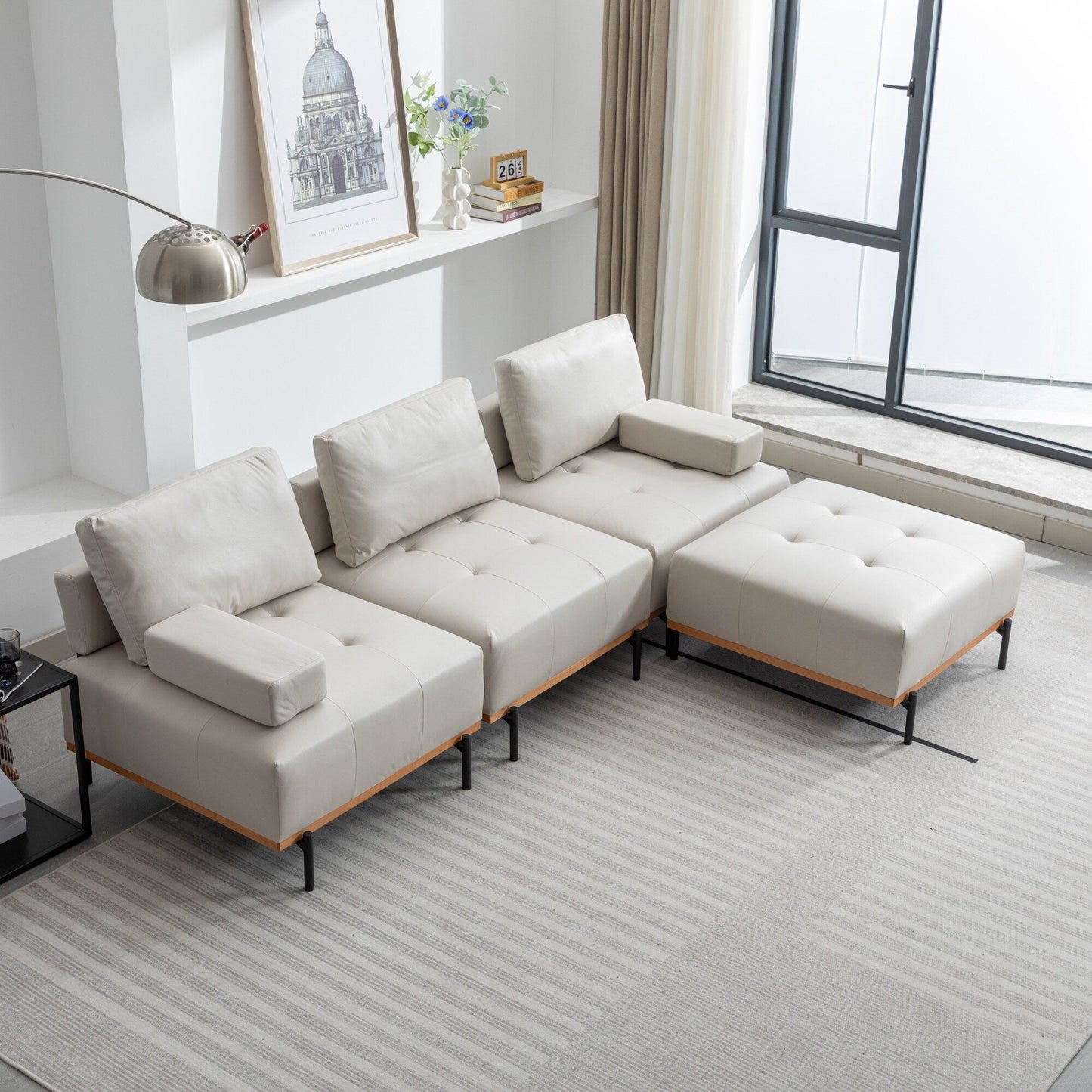100.7'' Fabric L-Shaped Sofa with Movable Ottoman and Metal Legs