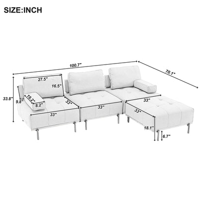 100.7'' Fabric L-Shaped Sofa with Movable Ottoman and Metal Legs